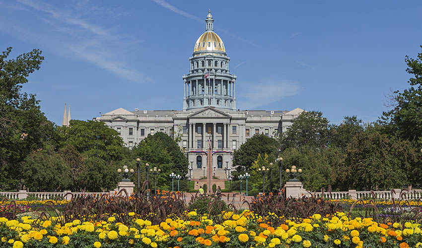 Flower bed in full bloom in front of the State Capitol Building in Denver