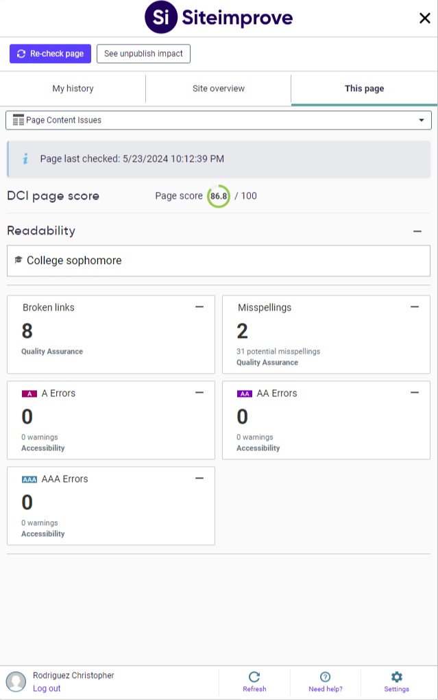 Image showing this page view of siteimprove plugin