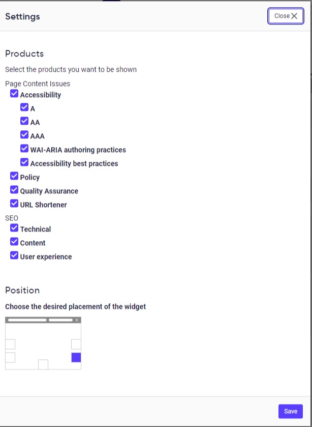 Image showing settings options of siteimprove plugin