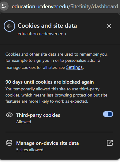 Chrome menu that shows that third-party cookies are enabled. This is located underneath the filter icon in the URL bar and in the Cookies and site data submenu.
