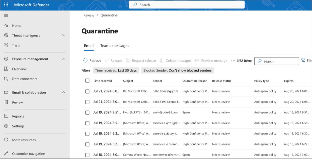 Quarantine webpage screenshot