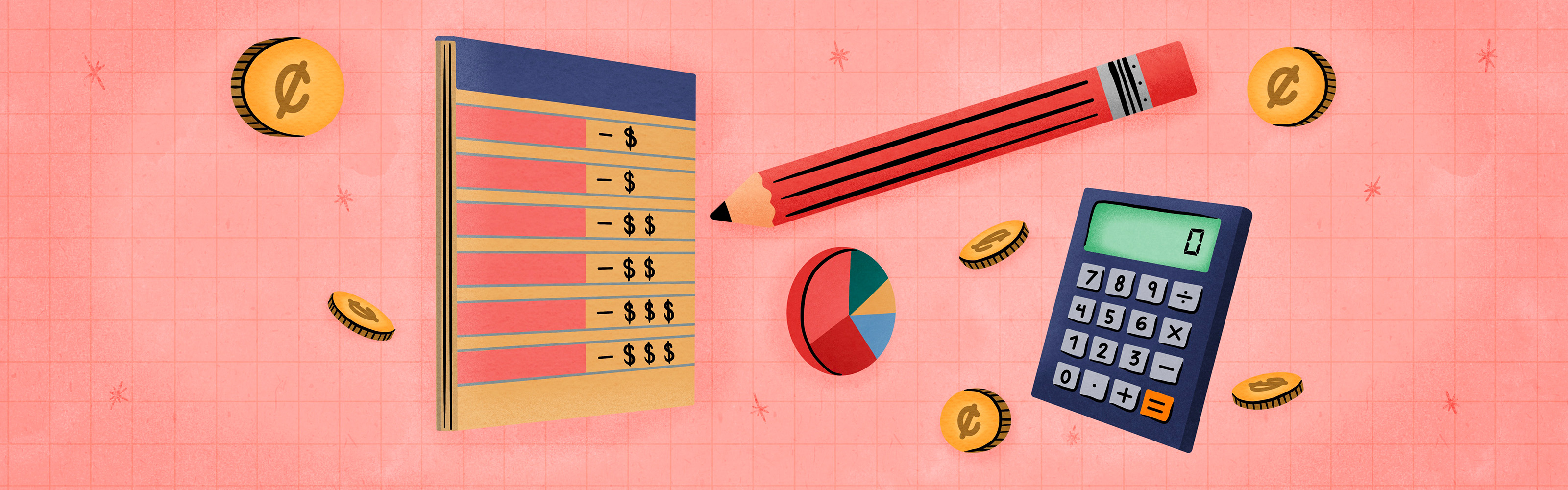 Graphic of notepad with budgeting plan, pencil, coins, pie chart, and calculator