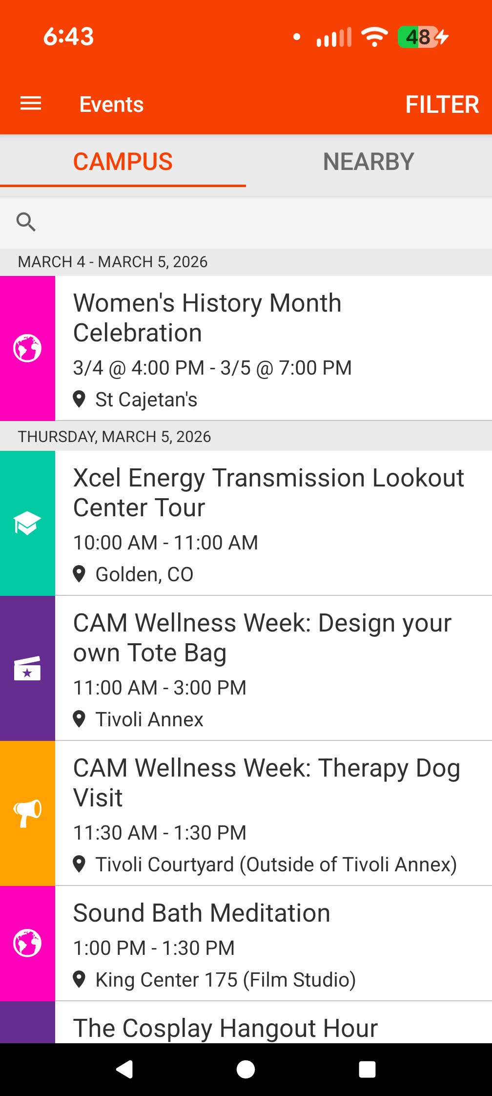 Corq app listing events on and off campus