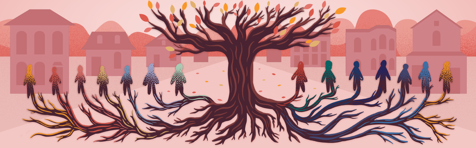 Graphic of people connected to tree roots in Ninth Street Historic Park