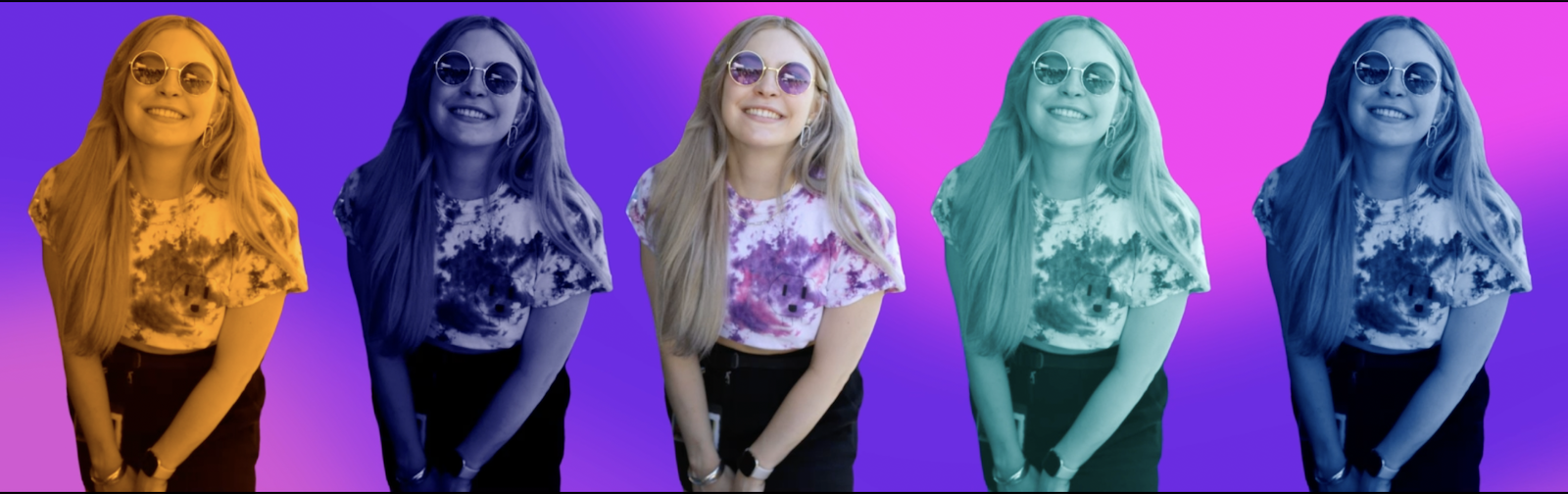 tie dye versions of a smiling woman in sunglasses