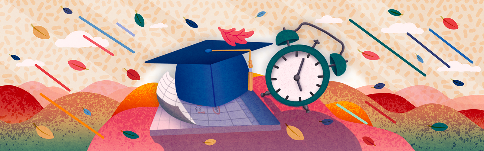 Graphic of a graduation cap, clock, and calendar with leaves blowing in the background