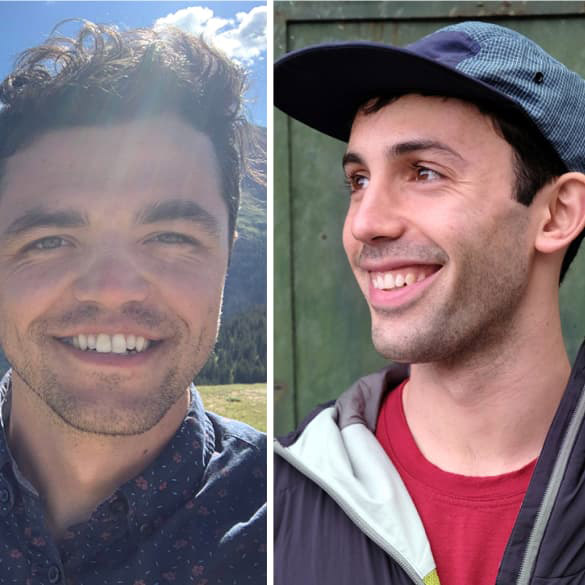 Two headshots side-by-side of men smiling with their teeth.