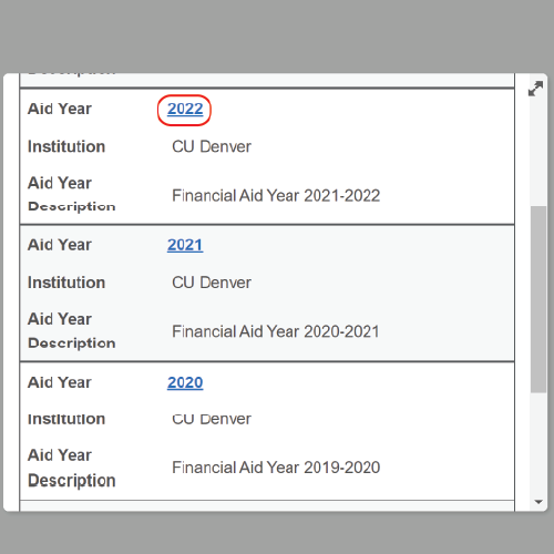 aid year selection within the financial aid section of UCDAccess