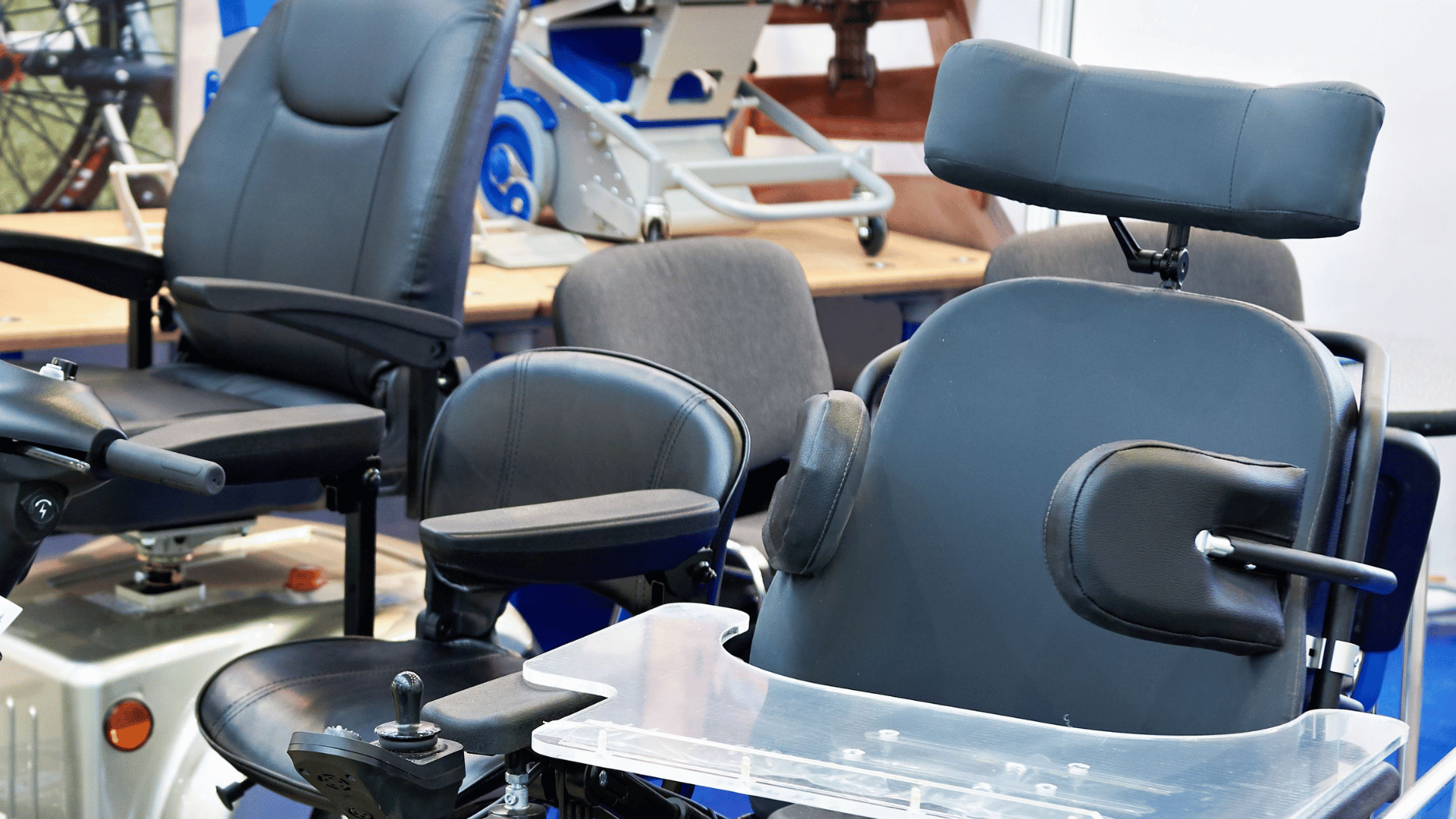 A row of mobility devices in storage