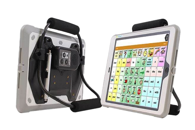 two proslate 10s: one facing away, showing only the back of the case with the hand grips, the other facing out, showing the speech generation screen