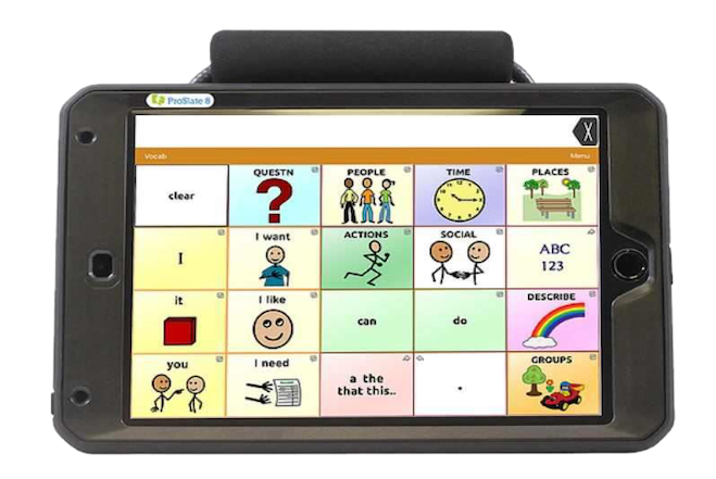 ProSlate 8 with speech-generating app open on screen