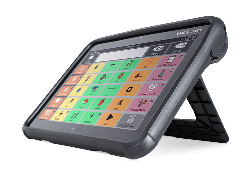 tobii dynavox i-110 facing out at an angle, propped up by its kickstand, with a speech-generating app open on screen