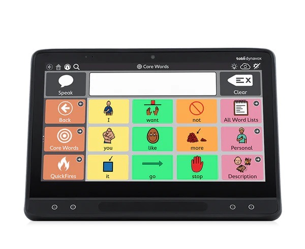 Tobii dynavox I-13 device with speech-generating app open on screen