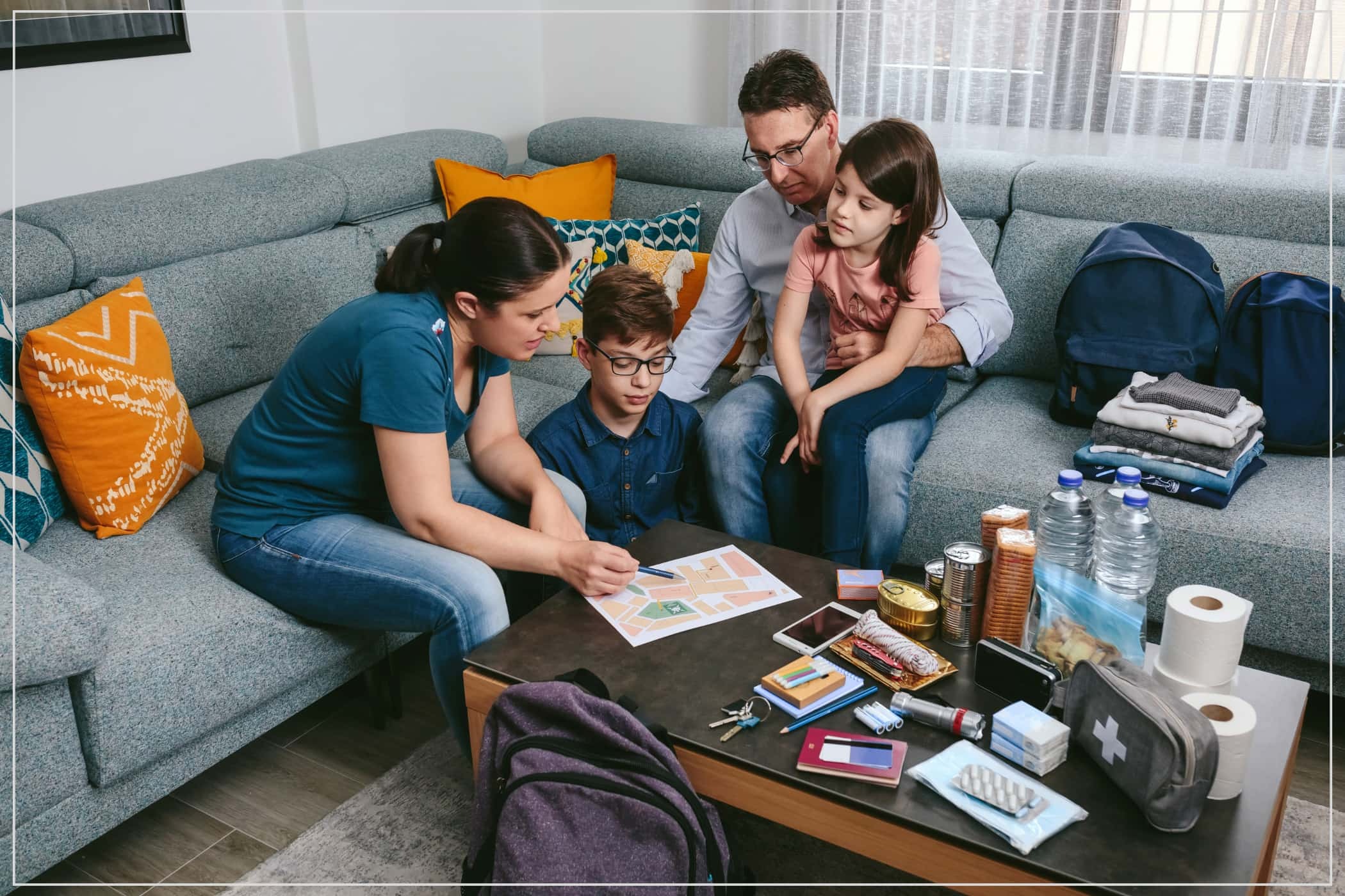 A family reviews their emergency escape plan