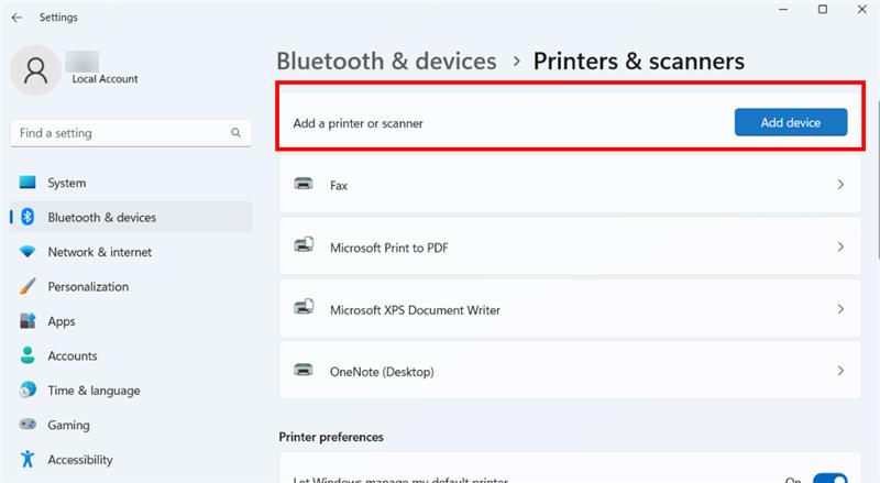 Screenshot of printers and scanners menu with 
