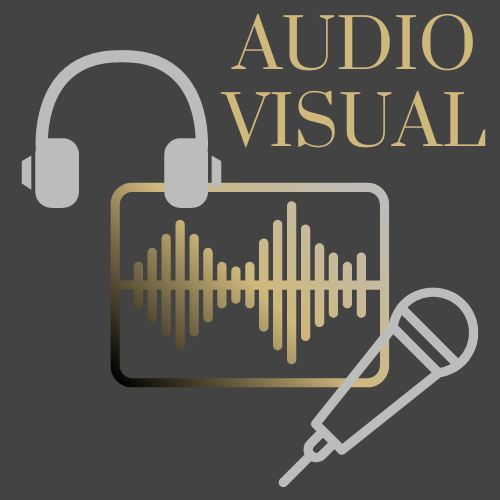 Audio Visual icons: headphones, soundwaves, and a microphone
