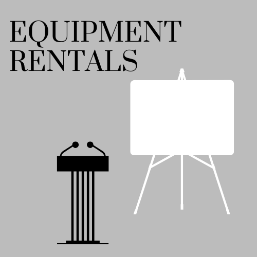 A whiteboard icon beside a podium icon for equipment rentals.