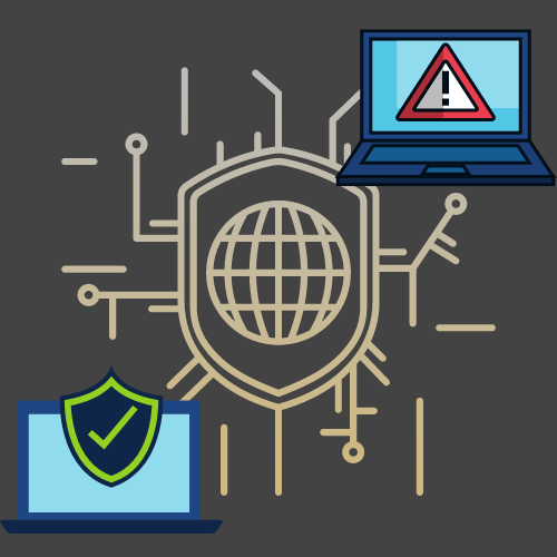 Image of internet icon with a laptop on either side. One laptop has a green checkmark because it's secure and one has a red warning symbol because it's been hacked