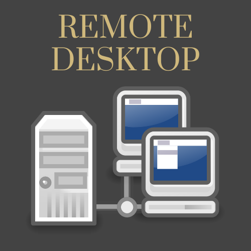Remote Desktops. Two computers connected to one desk top showing they are remoting into it via ethernet.