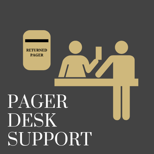 Pager Desk Support text with an icon of a person behind a help desk assisting a customer.